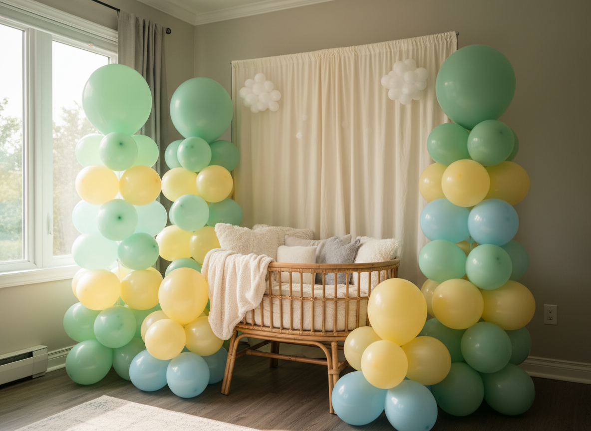 A whimsical baby shower setup in a cozy, sunlit Ottawa living room transformed by professional event styling. A cluster of pastel balloon towers in mint, butter yellow, and baby blue surrounds a rattan bassinet filled with plush blankets and neutral-toned cushions. Behind it, a simple fabric backdrop in soft cream drapes down, decorated with small cloud-shaped balloon accents. Natural afternoon light filters through a nearby window, casting diffused, dreamy light across the scene and creating soft reflections on the balloons. Photographic realism, captured from a slightly elevated angle with moderate depth of field so the entire display is in focus. The mood is tender, playful, and welcoming, ideal for showcasing custom baby shower balloon decor.