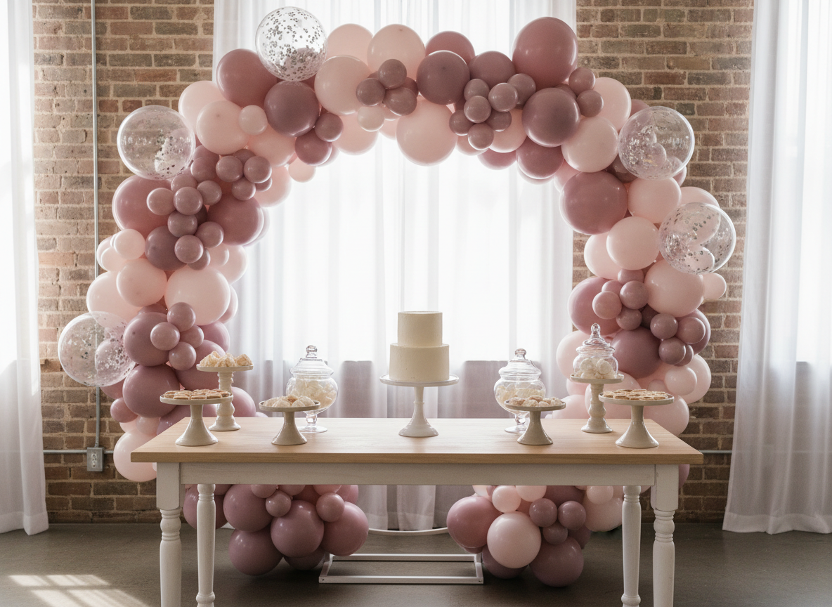 A festive engagement party dessert table styled by an event decor studio, featuring a modern circular metal backdrop densely covered with pastel balloons in dusty rose, mauve, and pearl white, accented with shimmery confetti-filled balloons. A minimalist white cake on a sleek pedestal stand sits centered on a light wood table, surrounded by neutral-toned cake stands and decorative jars without labels. The setting resembles a stylish Ottawa loft with exposed brick and sheer curtains. Soft studio lighting from the side casts gentle shadows and creates luminous highlights on the balloons, enhancing their round, playful shapes. Photographic realism, framed using the rule of thirds, with a bright, joyful mood that feels perfect for custom engagement celebrations.