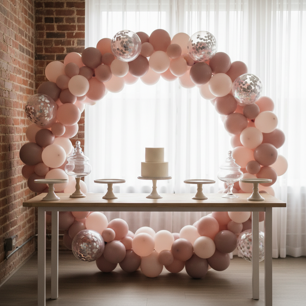 A festive engagement party dessert table styled by an event decor studio, featuring a modern circular metal backdrop densely covered with pastel balloons in dusty rose, mauve, and pearl white, accented with shimmery confetti-filled balloons. A minimalist white cake on a sleek pedestal stand sits centered on a light wood table, surrounded by neutral-toned cake stands and decorative jars without labels. The setting resembles a stylish Ottawa loft with exposed brick and sheer curtains. Soft studio lighting from the side casts gentle shadows and creates luminous highlights on the balloons, enhancing their round, playful shapes. Photographic realism, framed using the rule of thirds, with a bright, joyful mood that feels perfect for custom engagement celebrations.