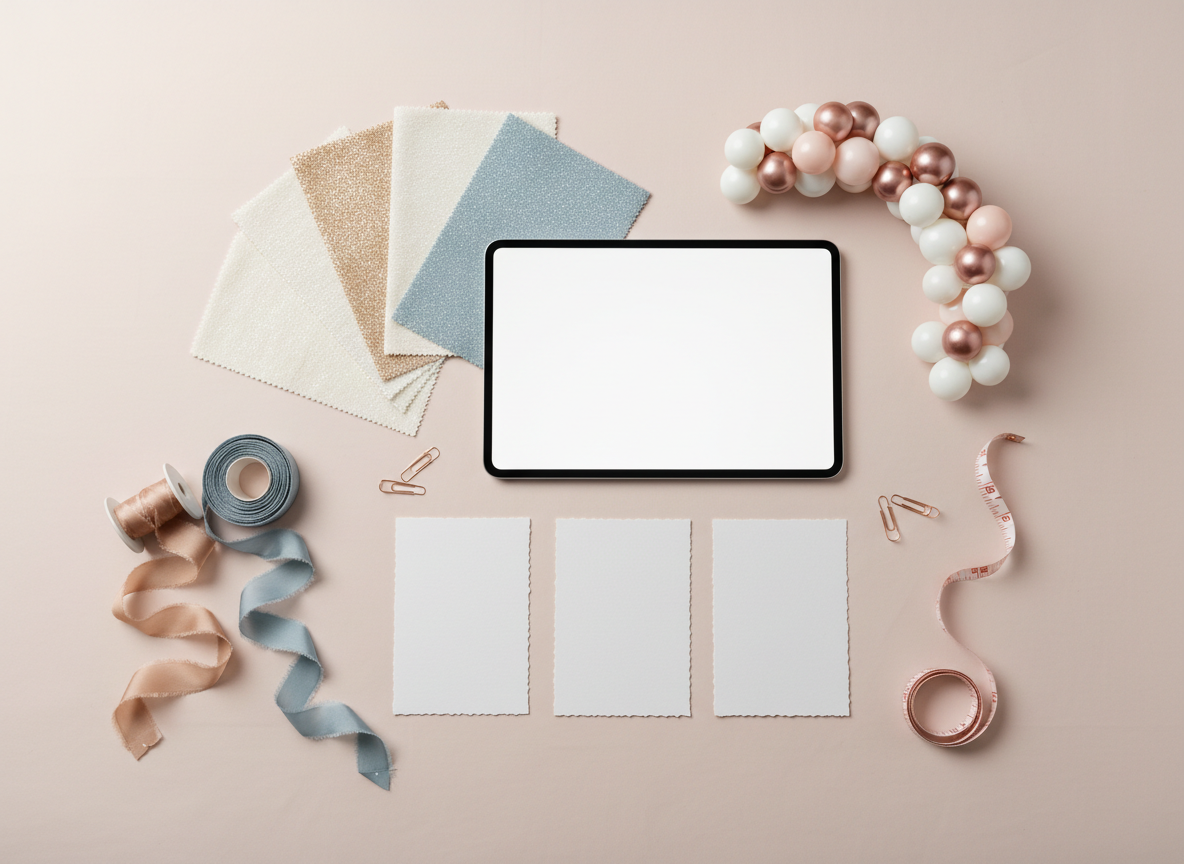 A curated flat lay of event styling elements arranged on a pale blush backdrop to represent a decor consultation. A tablet with a blank, softly glowing screen sits at the center next to fabric swatches in ivory, champagne, and dusty blue, mock invitation cards without visible text, ribbon spools, and a tiny model balloon garland made of miniature spheres. Metallic accents in rose gold clips and a slim measuring tape hint at planning details. Overhead softbox lighting creates even illumination with delicate shadows that add depth without distraction. Photographic realism with sharp focus across the frame, conveying a clean, modern, and playful aesthetic that suggests clients can book an appointment to customize their dream event decor.