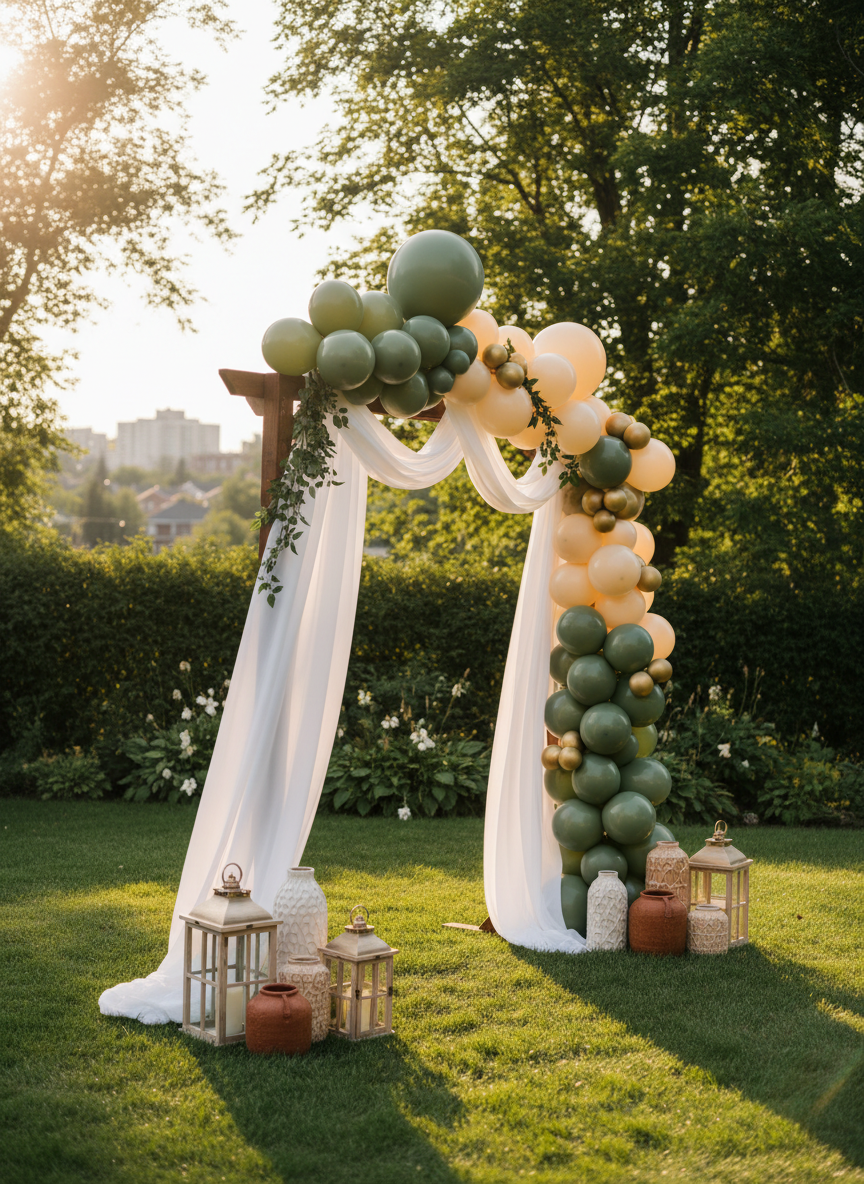 An outdoor Ottawa garden celebration styled for a summer wedding, featuring a wooden arch draped with cascading white fabric and an asymmetrical balloon installation in sage green, ivory, and matte gold. Faux greenery vines are woven between balloons, and the base of the arch is anchored by neutral-toned lanterns and textured vases. Lush green trees and a softly blurred suburban skyline appear in the distance. Captured during golden hour, warm sunlight filters through leaves, creating dappled light on the grass and kissing the balloons with subtle highlights. Photographic realism, shot from a low-angle three-quarter view, emphasizing the height and drama of the installation. The mood is romantic, airy, and joyfully celebratory.
