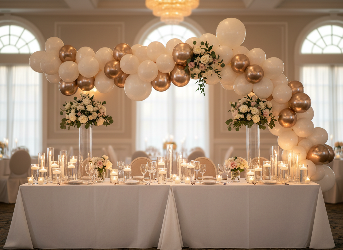 A lavish wedding reception head table styled with an extravagant organic balloon garland in soft ivory, blush pink, and metallic champagne, weaving around crystal-clear acrylic stands and delicate faux florals. The table features crisp white linen, sparkling glass candle holders, and neatly arranged place settings without visible text. Set in an elegant Ottawa banquet hall with tall windows and neutral walls, the background softly blurred. Warm golden hour light streams in, creating gentle highlights on the balloons’ glossy surfaces and subtle reflections in the glass. Photographic realism, shot at eye level with a shallow depth of field, capturing a playful yet sophisticated atmosphere that showcases premium event styling and balloon decor.
