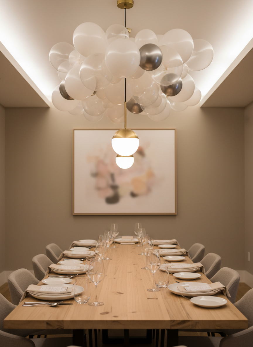 A modern, minimalist interior styled for an intimate Ottawa engagement dinner, with a long wooden table lined with simple white plates, crystal-clear glassware, and understated neutral napkins. Above the table floats a playful ceiling balloon installation in monochrome white and clear balloons, with a few metallic silver accents, forming a fluffy cloud-like canopy. The walls are soft beige with a single abstract art piece blurred in the background. Warm pendant lighting casts a soft glow downward, while additional diffused lighting keeps the room bright and inviting. Photographic realism, captured from one end of the table with leading lines drawing the eye toward the balloon canopy. The atmosphere feels cozy, modern, and distinctly styled by a professional decor service.