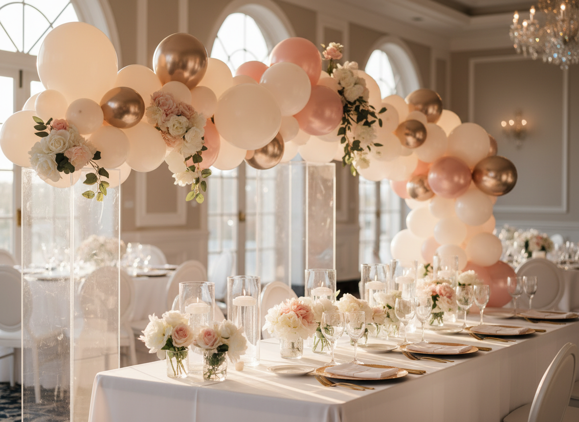 A lavish wedding reception head table styled with an extravagant organic balloon garland in soft ivory, blush pink, and metallic champagne, weaving around crystal-clear acrylic stands and delicate faux florals. The table features crisp white linen, sparkling glass candle holders, and neatly arranged place settings without visible text. Set in an elegant Ottawa banquet hall with tall windows and neutral walls, the background softly blurred. Warm golden hour light streams in, creating gentle highlights on the balloons’ glossy surfaces and subtle reflections in the glass. Photographic realism, shot at eye level with a shallow depth of field, capturing a playful yet sophisticated atmosphere that showcases premium event styling and balloon decor.